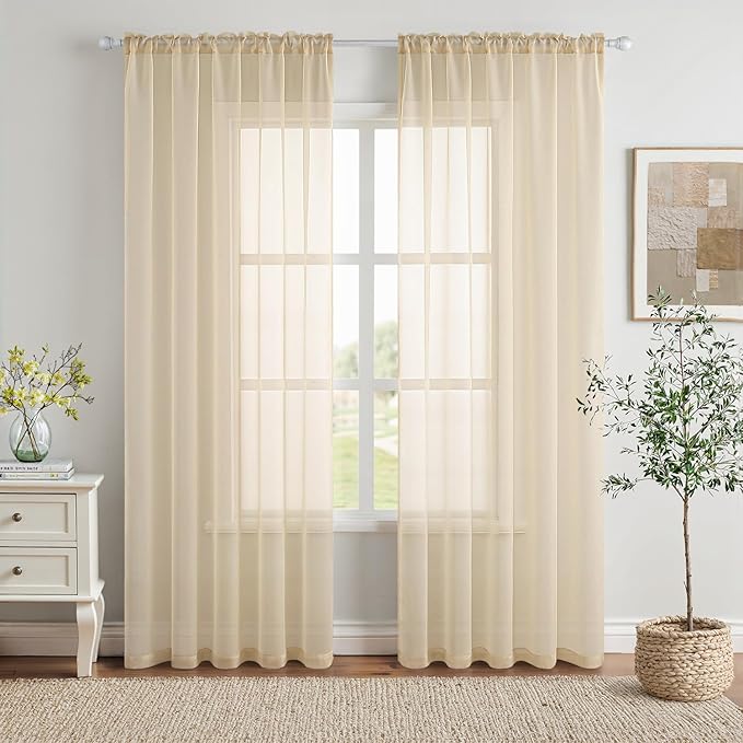MIULEE 2 Panels Solid Color Sheer Window Curtains Elegant Window Voile Panels/Drapes/Treatment for Bedroom Living Room (54X54 Inches Cream)