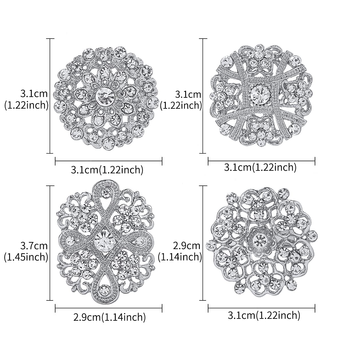 MEEDOZ Lot 12pcs Assorted Crystal Rhinestone Silver Tone Flower Brooch Pin Set for Women DIY Bridal Wedding Bouquet Kit (Silver)