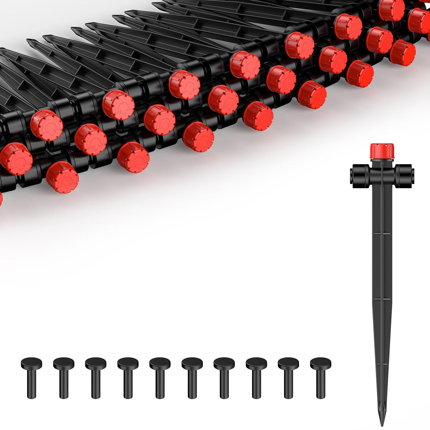 Pawfly 30 Pcs Push-to-Fit Drip Irrigation Emitters, 8-Stream Sprinklers Drip Emitters for 1/4 Inch Tubing with Stake & End Plugs, Two-Way Connection Irrigation Drippers with Adjustable Water Flow