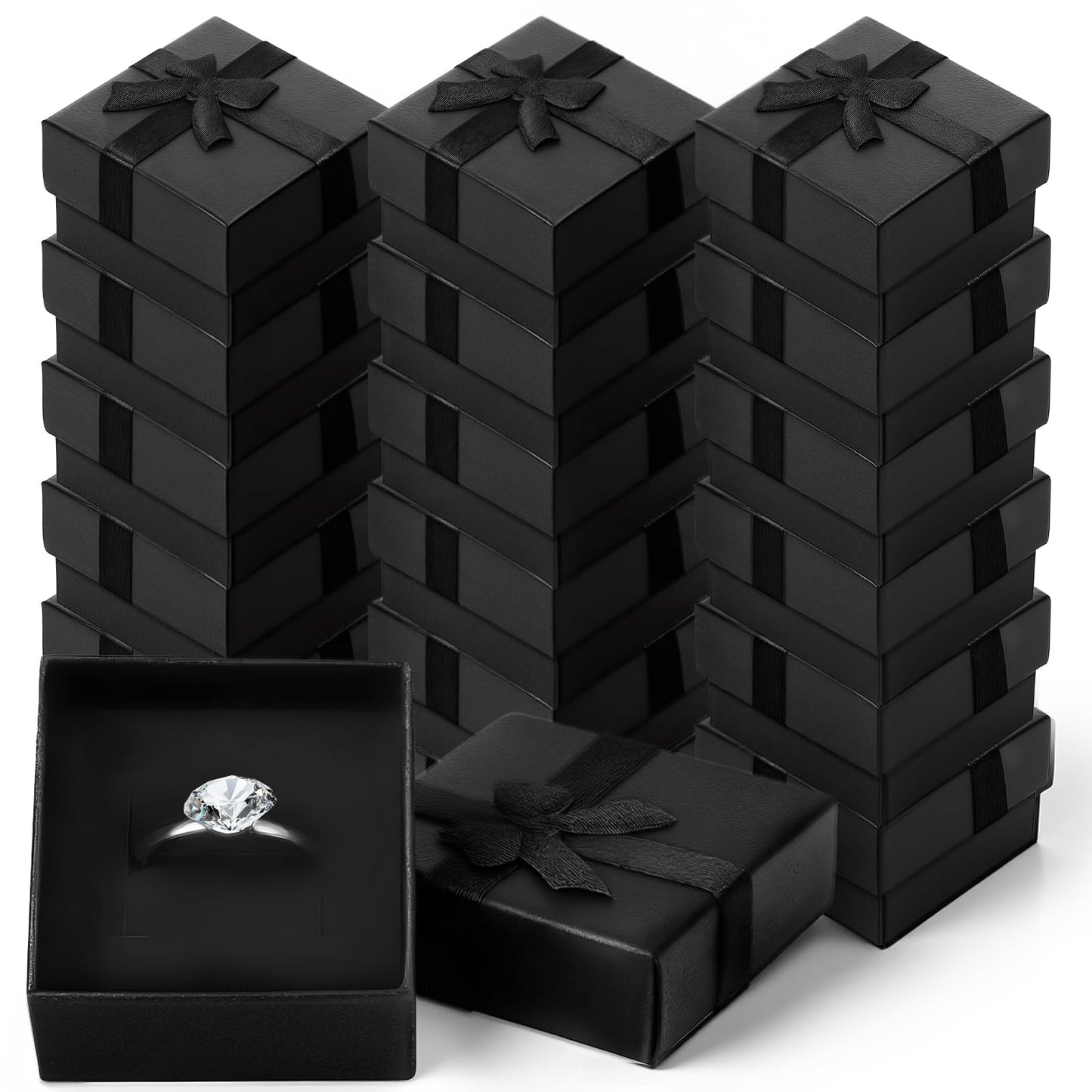 Lyksgir 72 Pcs Ring Boxes Bulk, 1.5 x 1.5 In Hard Cardboard Jewelry Box with Ribbon Bow, Cardboard Ring Gift Box Set with Bow Square, for Jewelry Organization, Gift Giving & Special Events(Black)