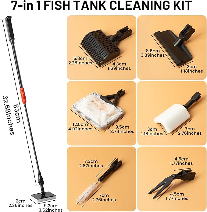 Amviner Aquarium Glass Cleaner, 7 in 1 Algae Remover for Fish Tank, Aquarium Cleaning Kit with Long Handle, Aquarium Net, Algae Scraper, Sponge Brush