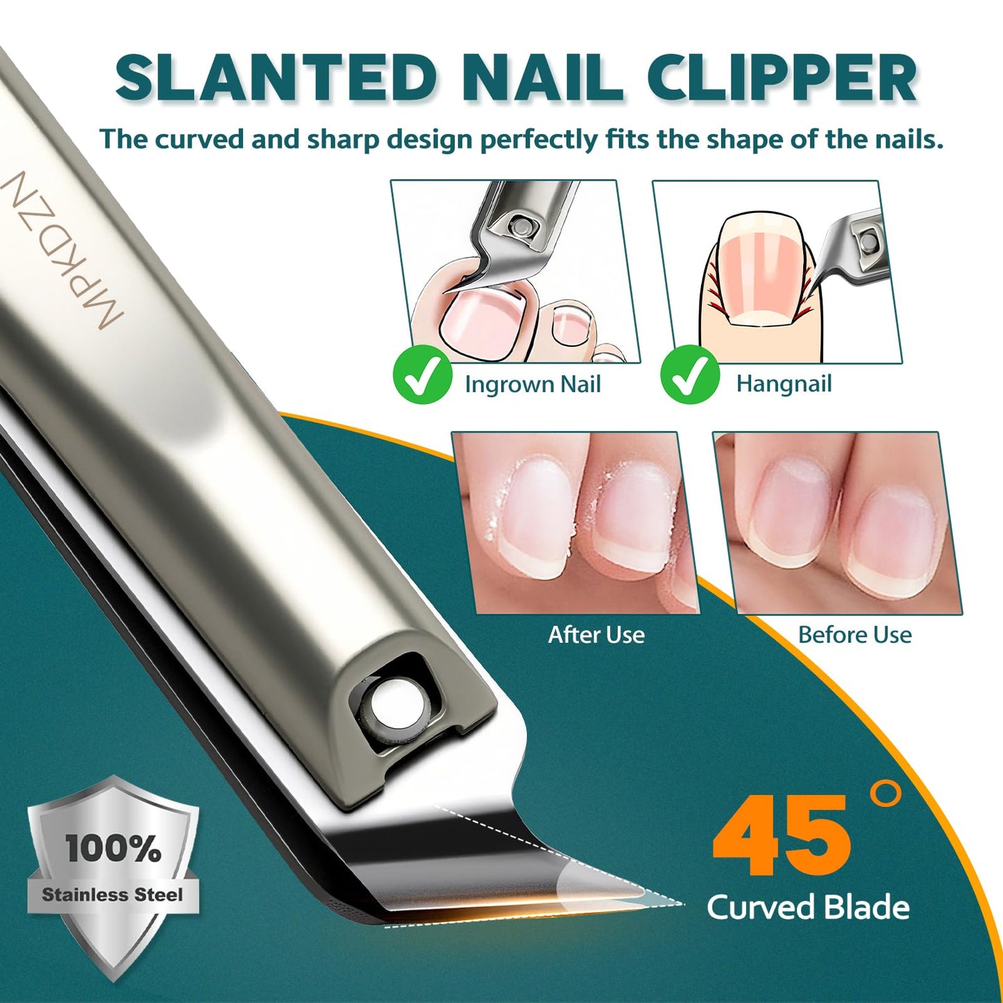 Pro 5-in-1 Nail Clippers Set for Men & Women. Ultra Sharp Stainless Steel Manicure Kit w/Angled Trimmer in Luxury Leather Case. Travel & Home Use (5-in-1 Silver)