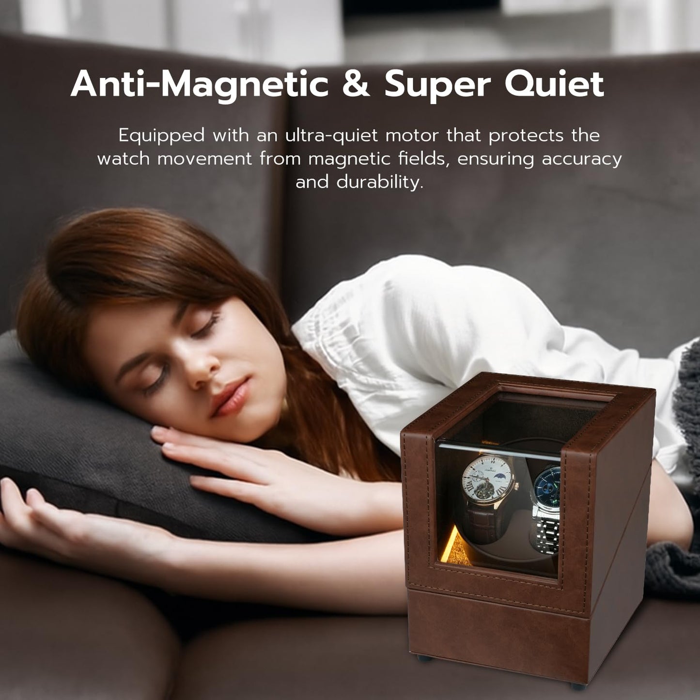 Mcbazel Watch Winder with Led Light, Dual Watch Winder Box for Automatic Watches, Ultra-Quiet Motor, 5 Rotation Modes, Gifts for Men, Beloved, Women - Brown