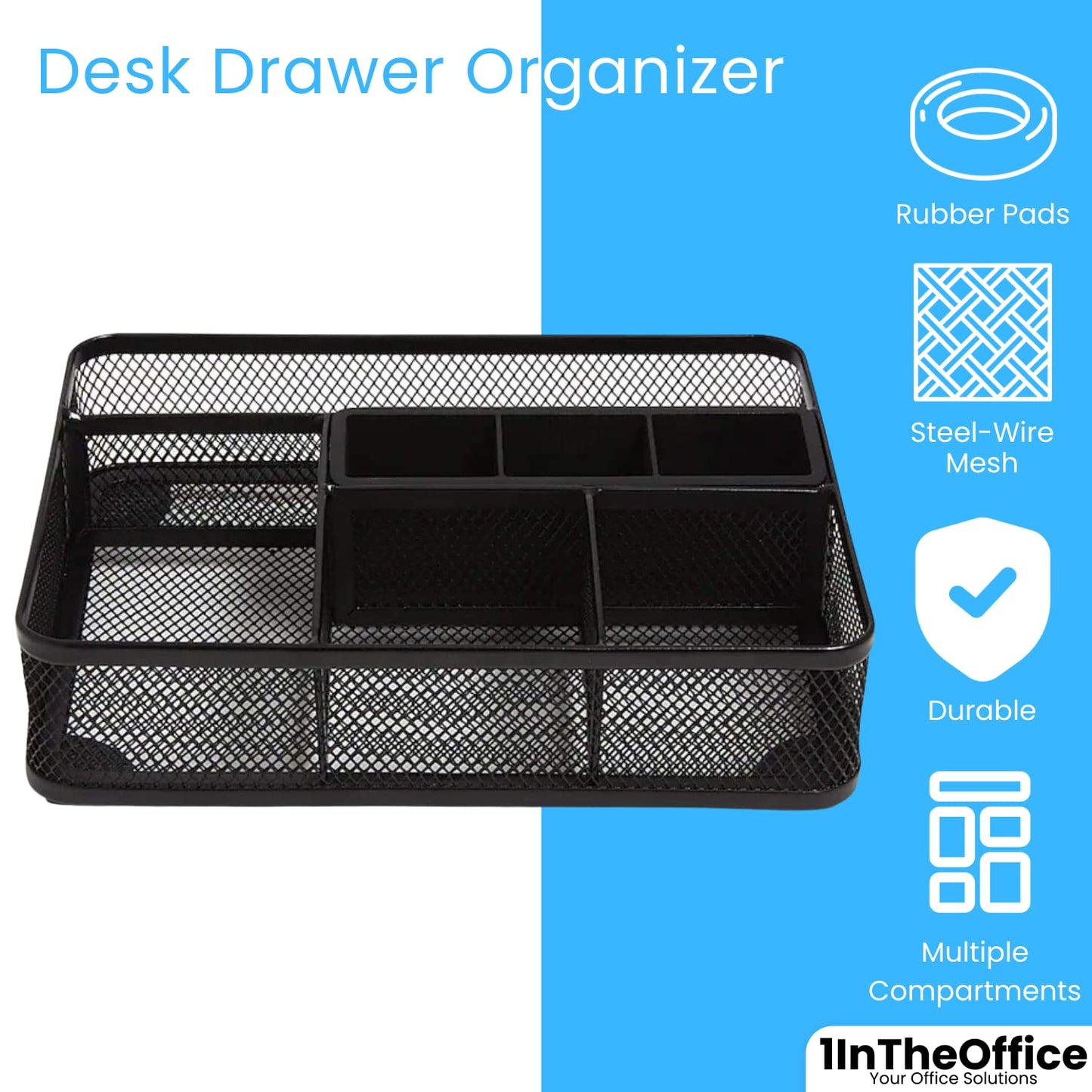 1InTheOffice Modern Minimalist Mesh Collection Desk Drawer Organizer, 7 Compartment, Matte Black