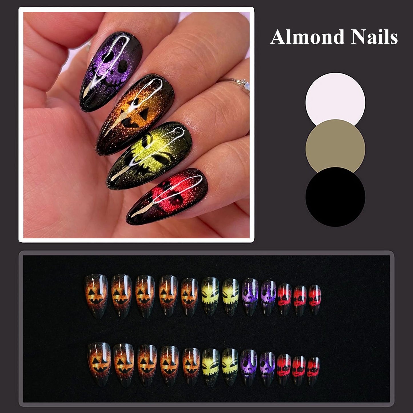 MISUD Press on Nails - Medium Almond Fake Nails with Goth Black Acrylic Halloween Ghost Design 24 pcs