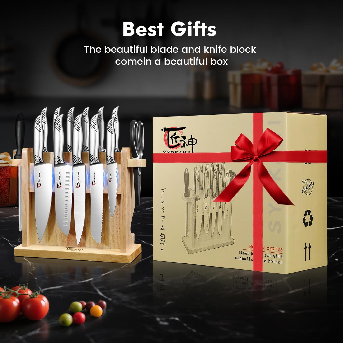 SYOKAMI Japanese Knives Set for Kitchen, Magnetic Knife Set with Block and Sharpener, Stainless Steel Knife Set as Gift for Couple, Wedding, Women or Mom with Gift Box, 14 PCS Black Dot