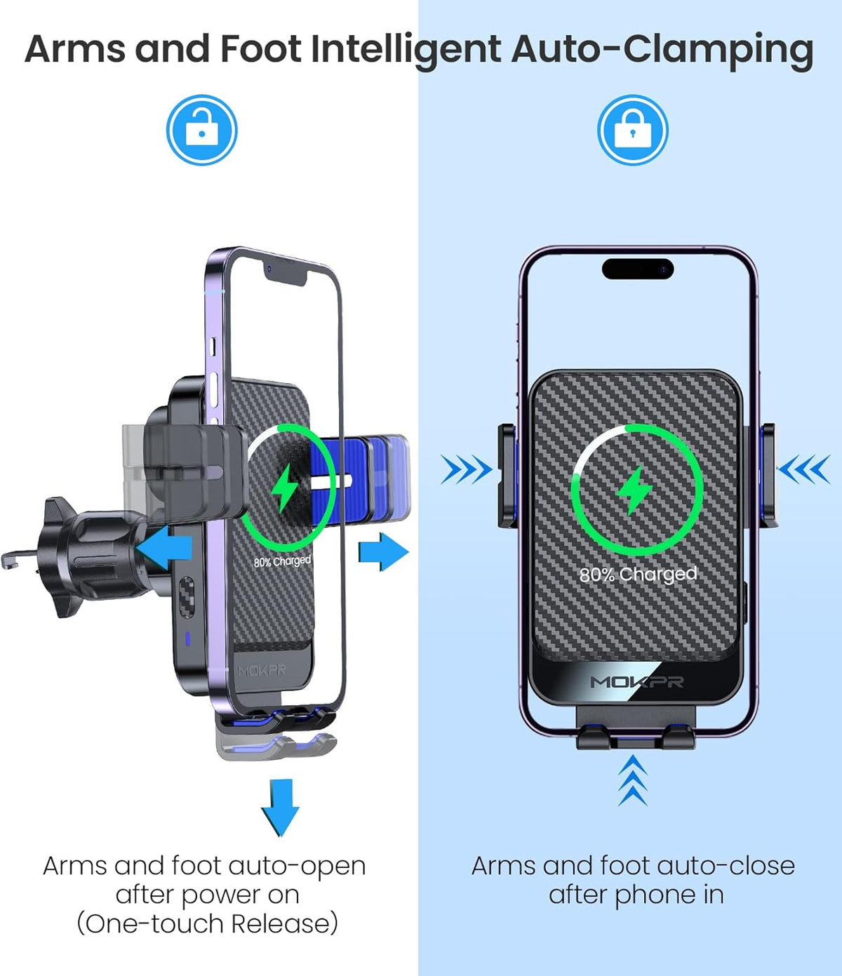 Wireless Car Charger, MOKPR 15W Fast Charging Auto-Clamping Car Mount Hands-Free Car Charger Mount for Dash Windshield Air Vent Compatible with iPhone 16 15/14/13/12, Samsung S23/S22/S21,Blue