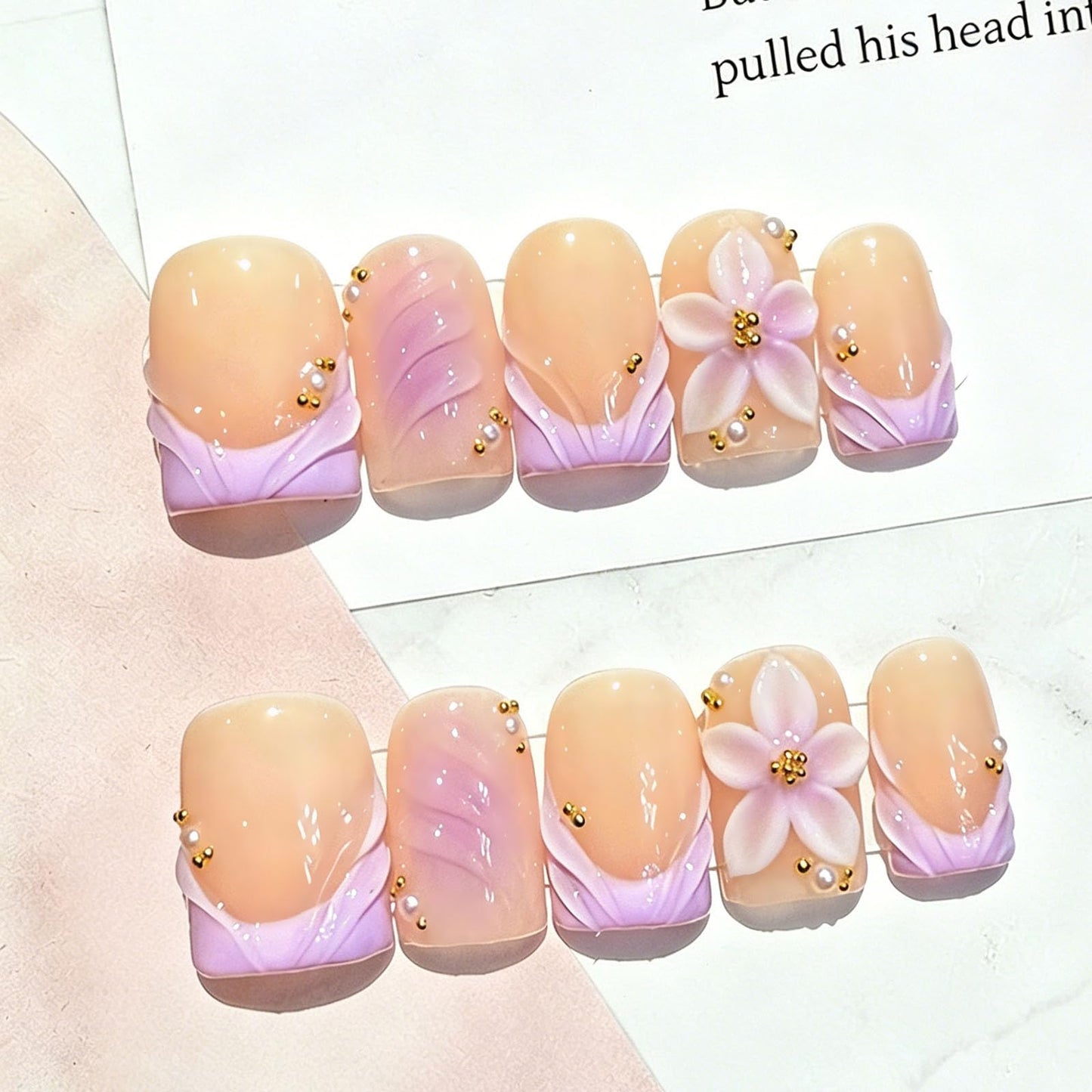 10 Pcs Handmade Press on Nails Short Square Fake Nails with Purple French Tip Design 3D Flower False Nails Nude Acrylic Short Press Ons Nails Square M Size for Women Manicure