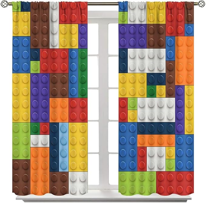 Kids Boy Curtain Blocks Toy Abstract Outline Colorful Geometric Brick Print Curtain for Boys Girls Nursery Room Curtains 84x84 Inch 2 Panels(Decor Curtains
