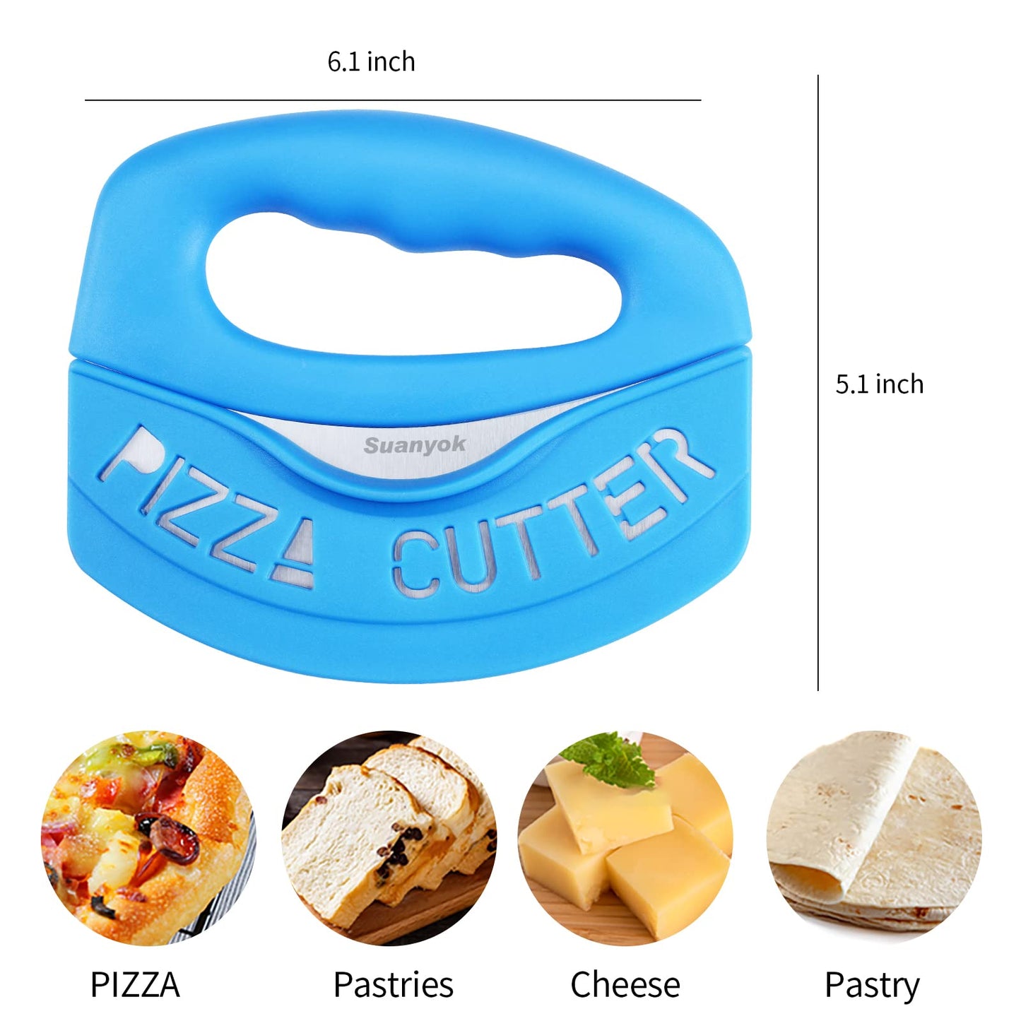 Suanyok Premium Pizza Cutter Food Chopper-Super Sharp Blade Stainless Steel Pizza Cutter Rocker Slicer with Protective Sheath Multi Function Pizza Knife Kitchen Tools,Dishwasher Safe (Blue)