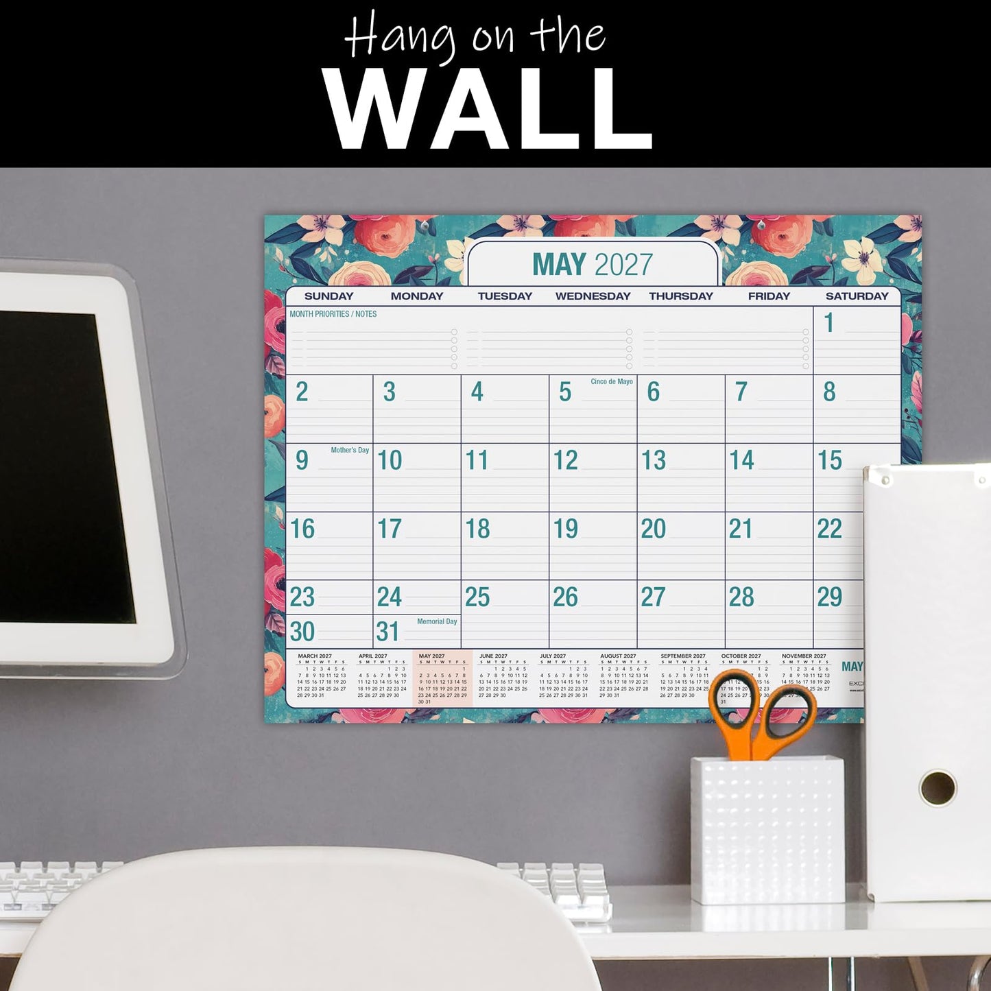 Desk PAD: 22" x 17" Large Print Desk Pad Calendar, APR 2026 - DEC 2027, 21 Months, (Teal Floral)