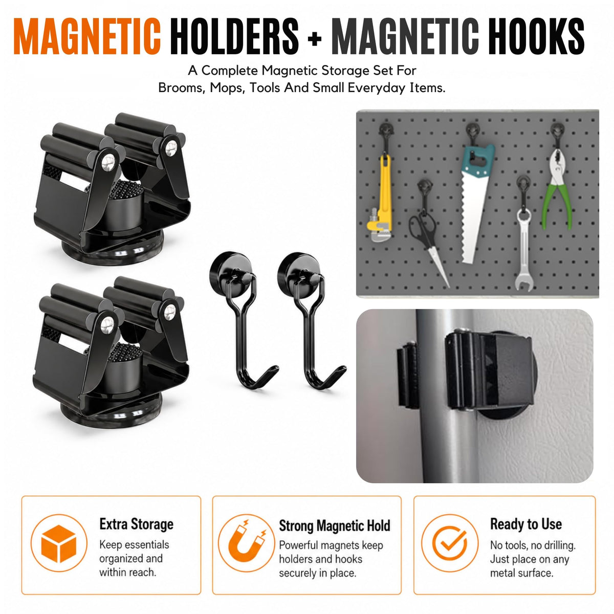 8 Pack Magnetic Broom Holder with 8 Pack Mini Magnetic Hooks (16 count)