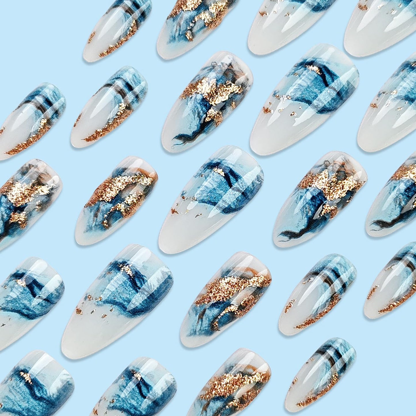 CLDLTS Press on Nails Medium Almond Shaped Blue Smudge False Nail Press Ons with Design Gold Foil Stripes Full Cover Artificial Acrylic Nails Glossy Reusable Glue on Nails for Women