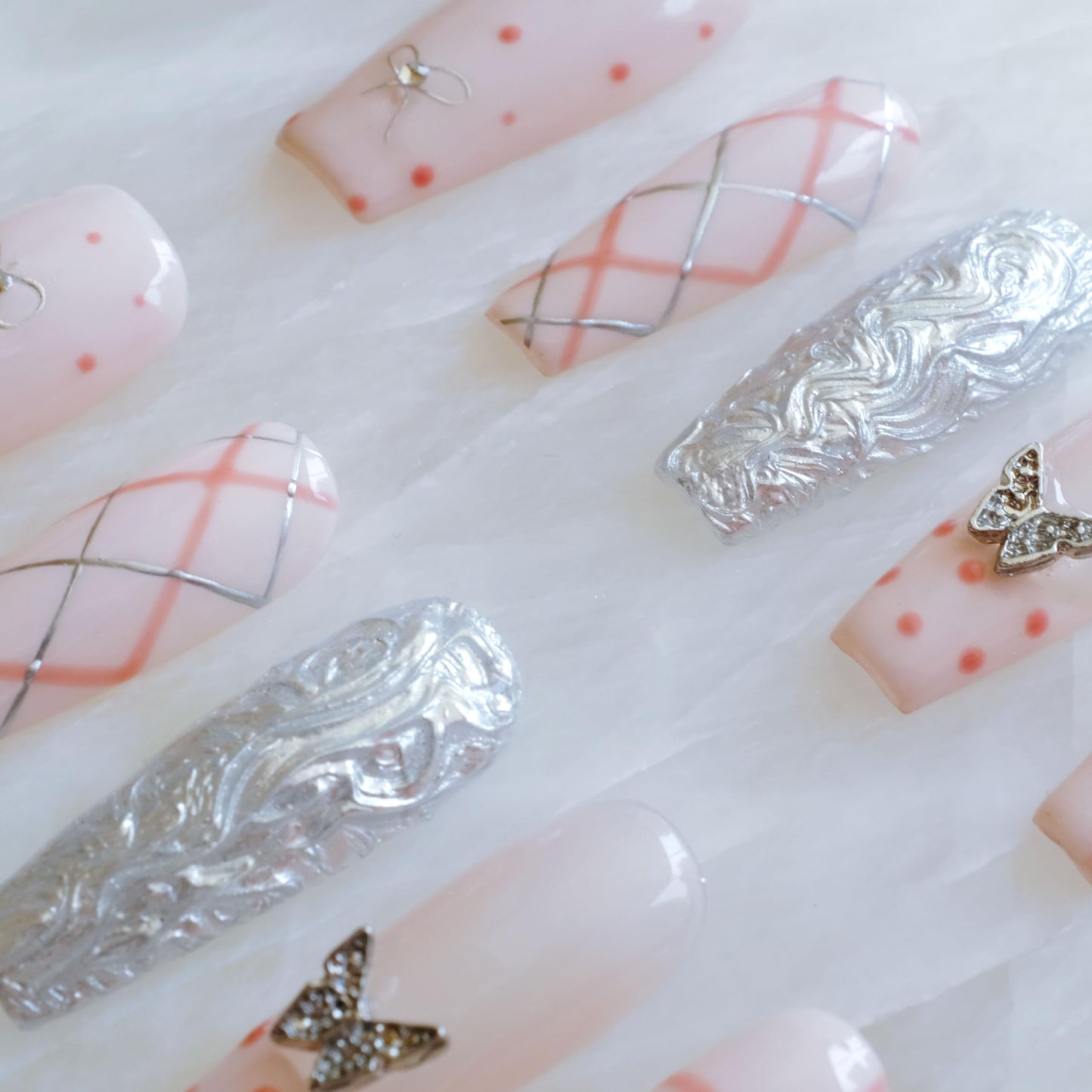 GLORS Press-on Nails, Long Ballerina Style, Pink with 3D Silver Butterfly and Bow Design, Handmade False Nail 10 Pieces (Small, LB)