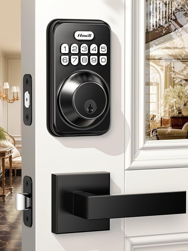 Zowill Keyless Entry Door Lock with 2 Lever Handles, Zowill Electronic Keypad Deadbolt, Auto-Locking, Anti-Peeping Password, Digital Code Door Lock, Front Door Handle Sets, Matte Black