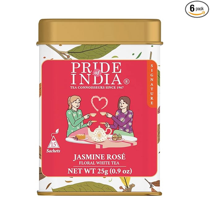 Pride of India | PACK of 6 - Jasmine Rose Royal White Tea | 15 Pyramid Full Leaf Individually Wrapped Tea Bags | Smooth & Sweet Flavor | Soothing & Calming Experience | Less Caffeine