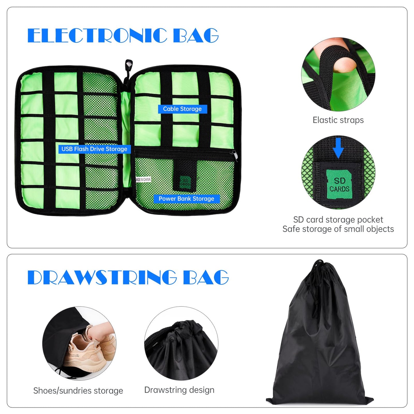 NiHome 7PCS Compression Packing Cube Set Expandable Mesh Travel Bag Luggage Organizers with Electronic Cable Cord Charger Organizer Drawstring Bag for Trip Home Storage Travel Gear Accessories (Black)