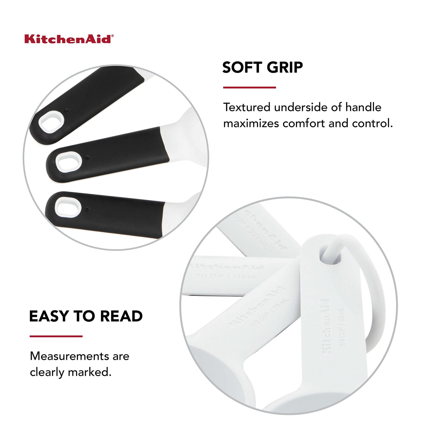 KitchenAid Universal Easy To Read Measuring Cup and Spoon Set with Soft Grip Handle for Maximum Control, Hang Hole and Nesting For Easy Storage, Dishwasher Safe, 9 Piece, White