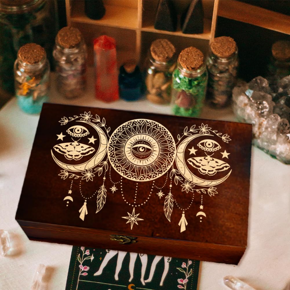 arricraft 1 Pc Wooden Memorial Storage Box, Sun and Moon Evil Eye Dreamcatcher Stars Flowers Pattern Rectangle Pine Photo Box for Anniversary Jewelry Board Storage (9.45x5.51x3.54 Inch)