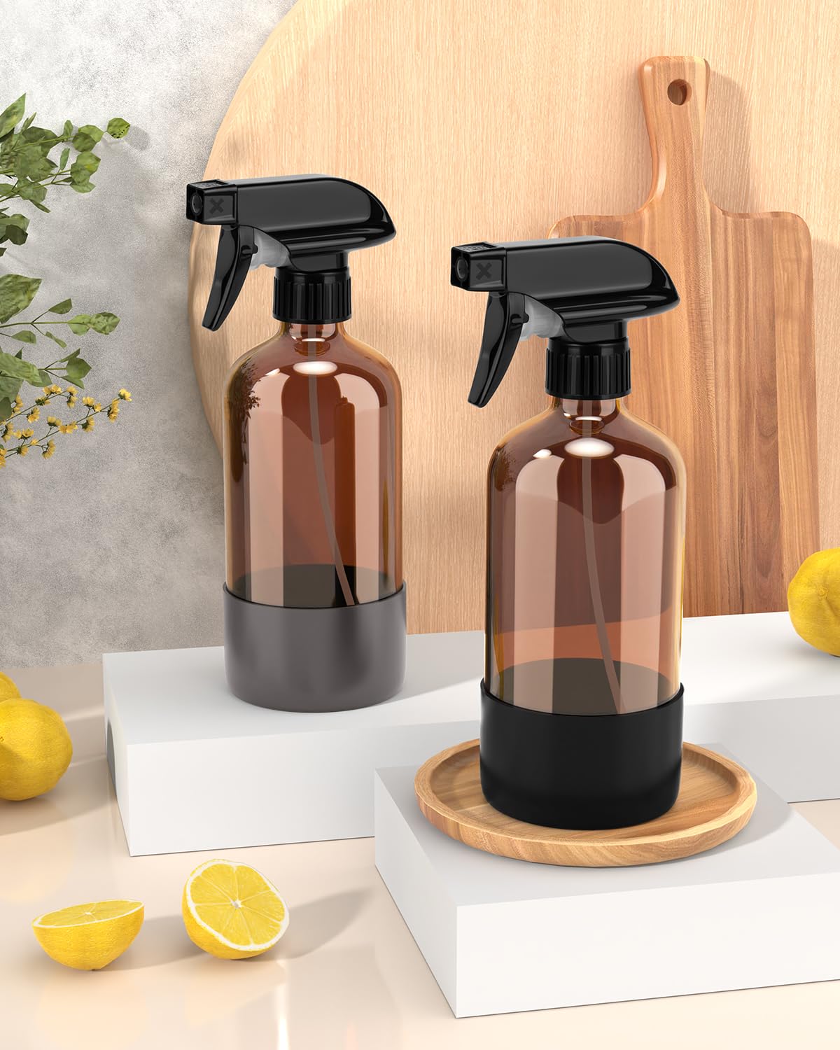 Bontip Glass Spray Bottle with Silicone Sleeve Protection, Amber Glass Spray Bottle Set for Window Cleaner Aromatherapy Facial Hydration Watering Flowers Hair Care 2 Pack/16 oz (Black & Grey, 16 oz)