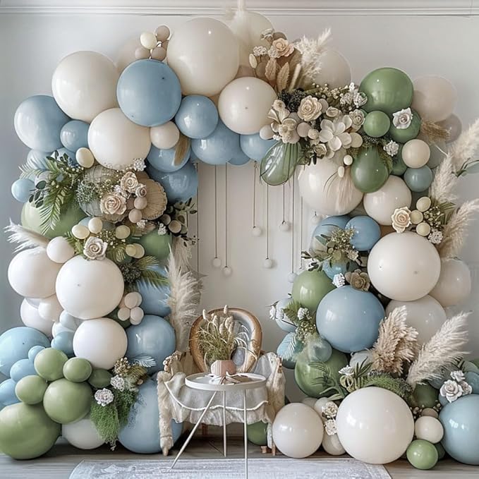 Dusty Blue & Avocado Green Balloon Garland Kit, Double Stuffed – Pastel Blue, Avocado Green & Off-White Latex Balloons for Jungle, Safari & Neutral Birthday