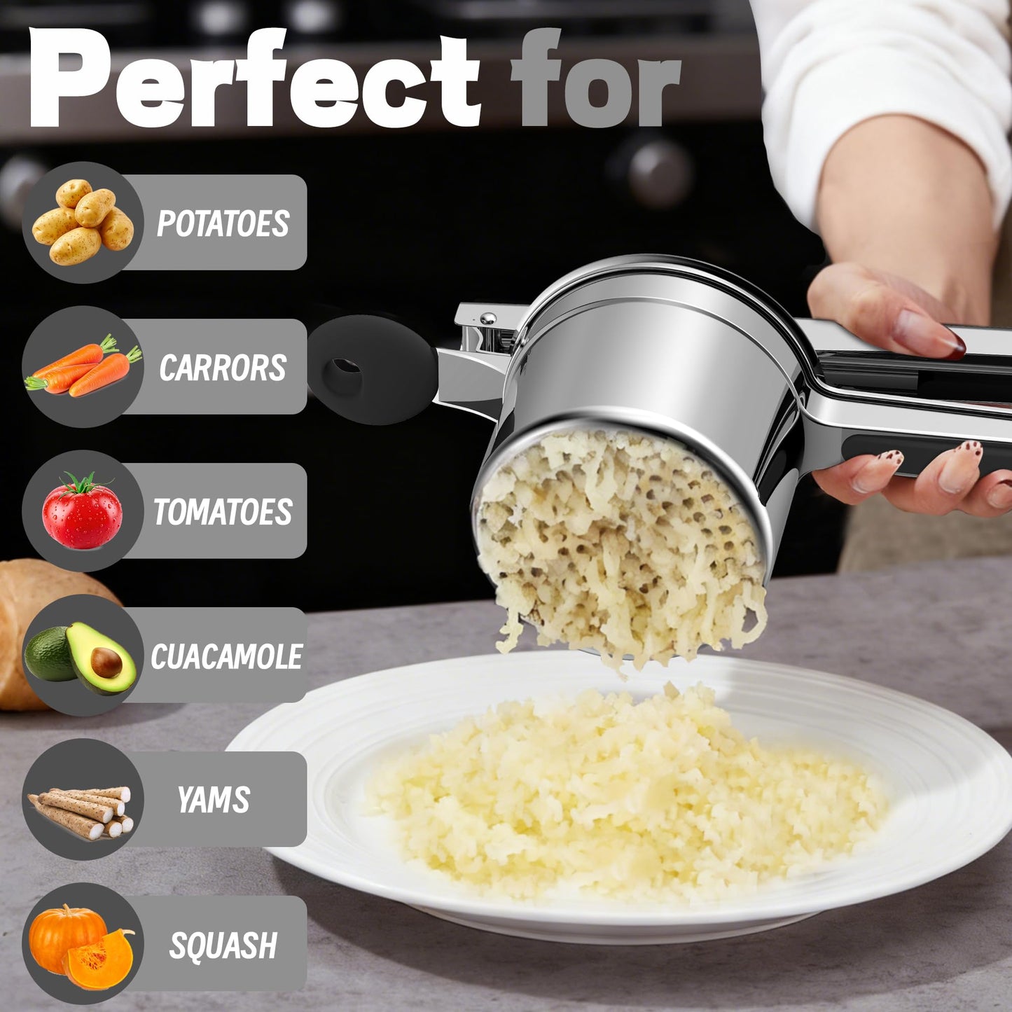 Minteem Large 15oz Potato Ricer for Mashed Potatoes, Heavy Duty 18/8 Stainless Steel Potato Masher for Baby Food & Spaetzle Maker, Masher and Ricer Kitchen Tool, Press and Mash Kitchen Gadget, Black