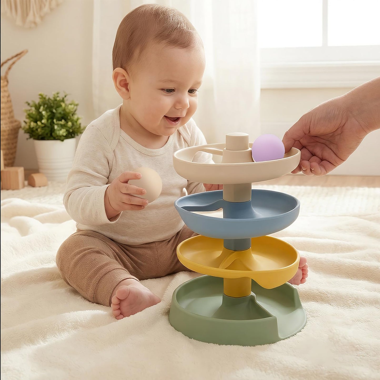Little Rawr Silicone Ball Drop Tower Toy for Toddlers, 4-Tier Rolling Ramp Track with Wooden Balls, Soft Food-Grade Silicone Montessori Toy for Early Learning, Fine Motor Skill Development, Ages 1–3