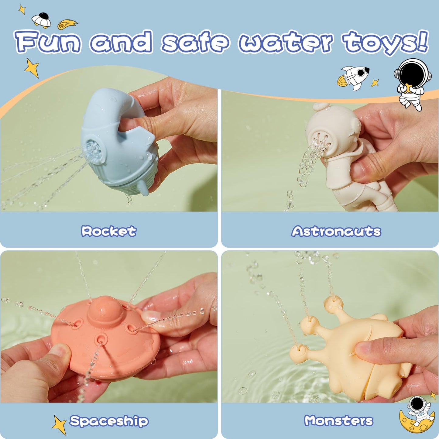 AMCHSURI Bath Toys, Space & Rocket 4 Pack | Dishwasher-Safe & Mold Free Silicone Bath Toys | Soft, Squeezable & Float on Water | Soft & Easy-Grip Baby & Toddler Bath Toy Set | Baby Pool Toys