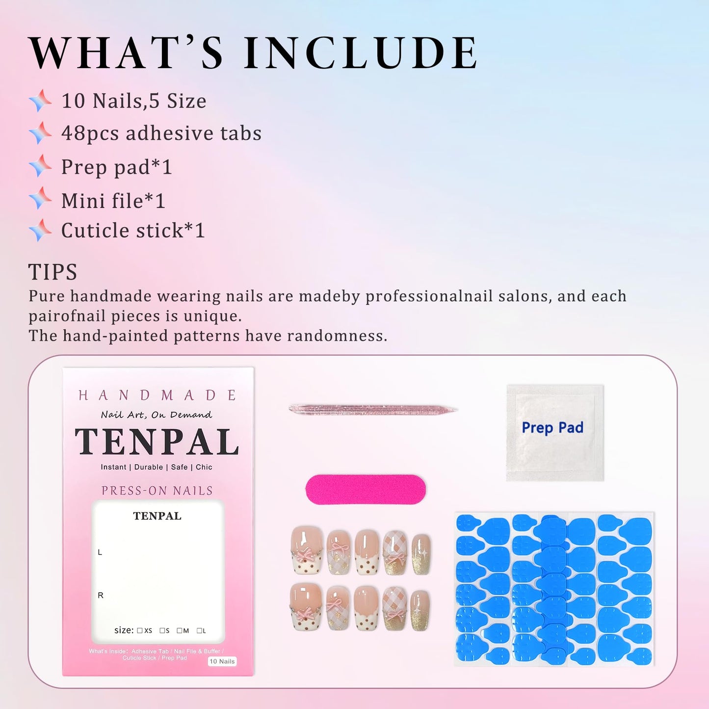 TENPAL 10Pcs Y2K Short Medium Coffin Press On Nails With Tools Kit,Light Pink Cat Eye French Fake Nails with Dot Bow Plaid Pattern,K-Beauty Acrylic Glue on Nails for Wedding Party Daily Wear(S)