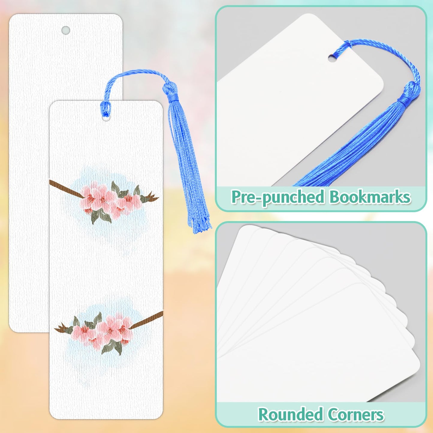 DSYIL 100 Sets Watercolor Paper Bookmarks with Tassels, Blank Book Marks Making Kit, Heavyweight Watercolor Paper Cards Bulk for Classroom Projects and DIY Craft, 5.5 x 2 Inches