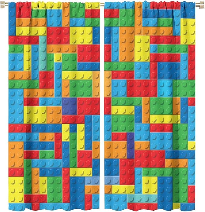 Colorful Building Block Toy Printed Curtains, Building Blocks, Curtains, Fun Brick 3D Design, Kids, Teens, Girls, Boys, Living Room, Bedroom, Window Treatment Panels, 2 Panels 63x72in