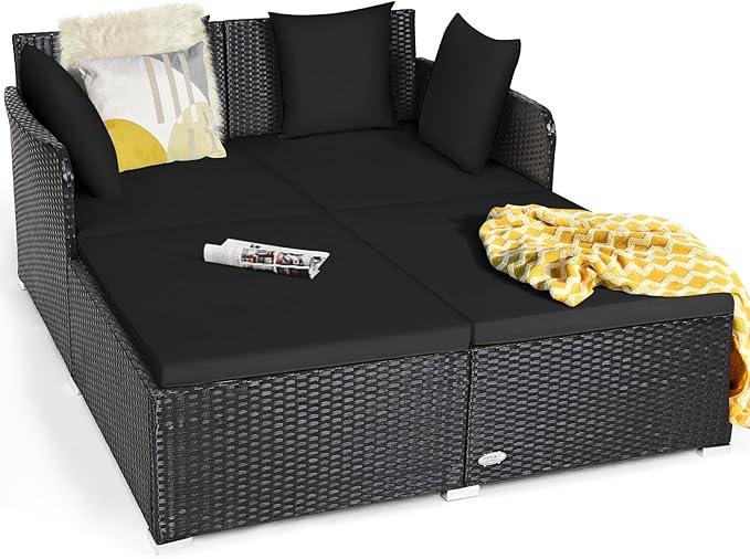 HAPPYGRILL Patio Rattan Daybed Outdoor Loveseat Sofa Set with Padded Cushion Pillows and Sturdy Aluminum Foot Wicker Patio Furniture for Garden Porch Poolside