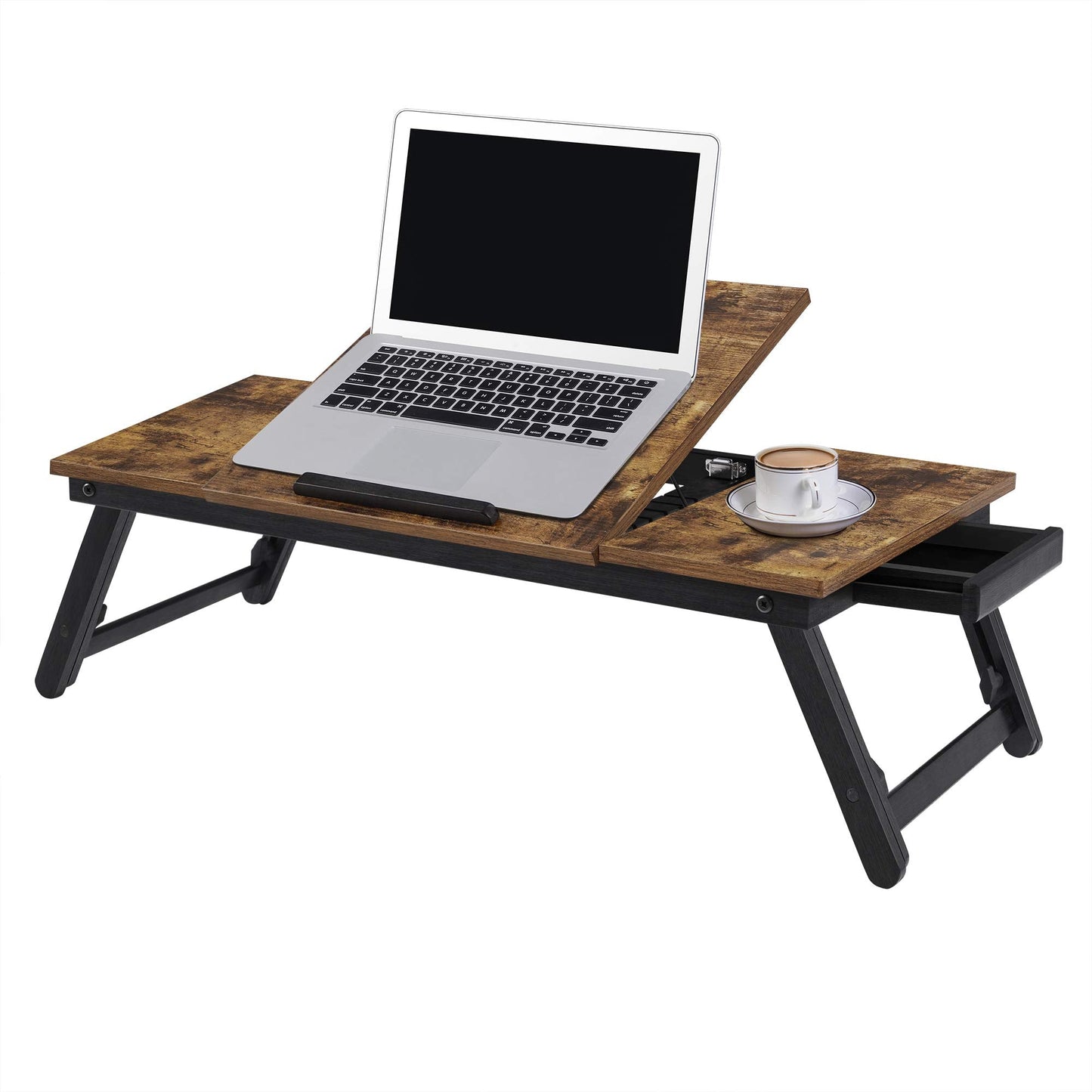 SONGMICS Laptop Desk, Bed Sofa Breakfast Tray, Adjustable Tilt Top, Right-Left Handed, Adjustable Folding Legs, Drawer, Rustic Dark Brown ULLD110B01