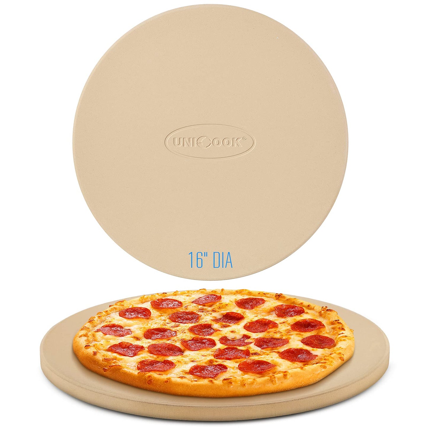 Unicook 16 Inch Round Pizza Stone, Heavy Duty Cordierite Bread Baking Stone for Oven and Grill, Thermal Shock Resistant, Ideal for Baking Crisp Crust Pizza, Bread and More, Includes Scraper