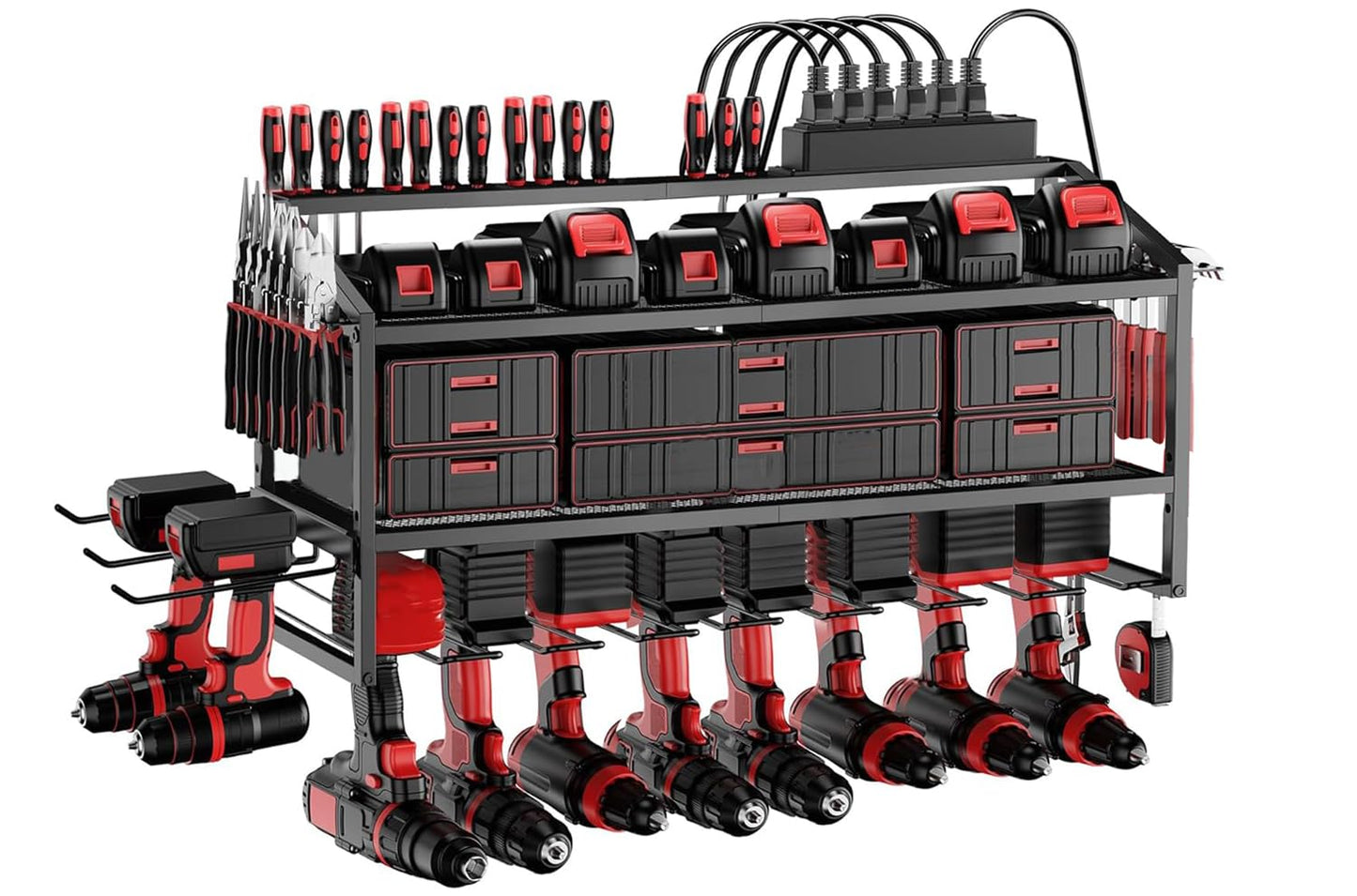 FULOOPHI Power Tool Organizer Wall Mount with Charging Station, 3 Layer Storage Rack and Tool Holder for Garage Organization, 8 Drill Holder Wall Mount and 6 Outlet Power Strip