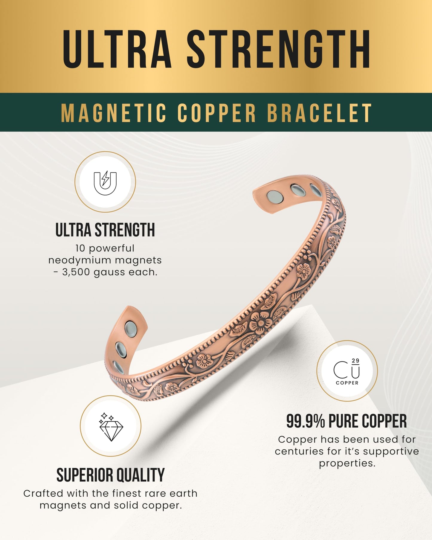MagnetRX® Women's Copper Bracelet – Effective 99.9% Pure Copper Magnetic Bracelets for Women – Adjustable Womens Copper Cuff Bracelet Bangle (Floral Style)