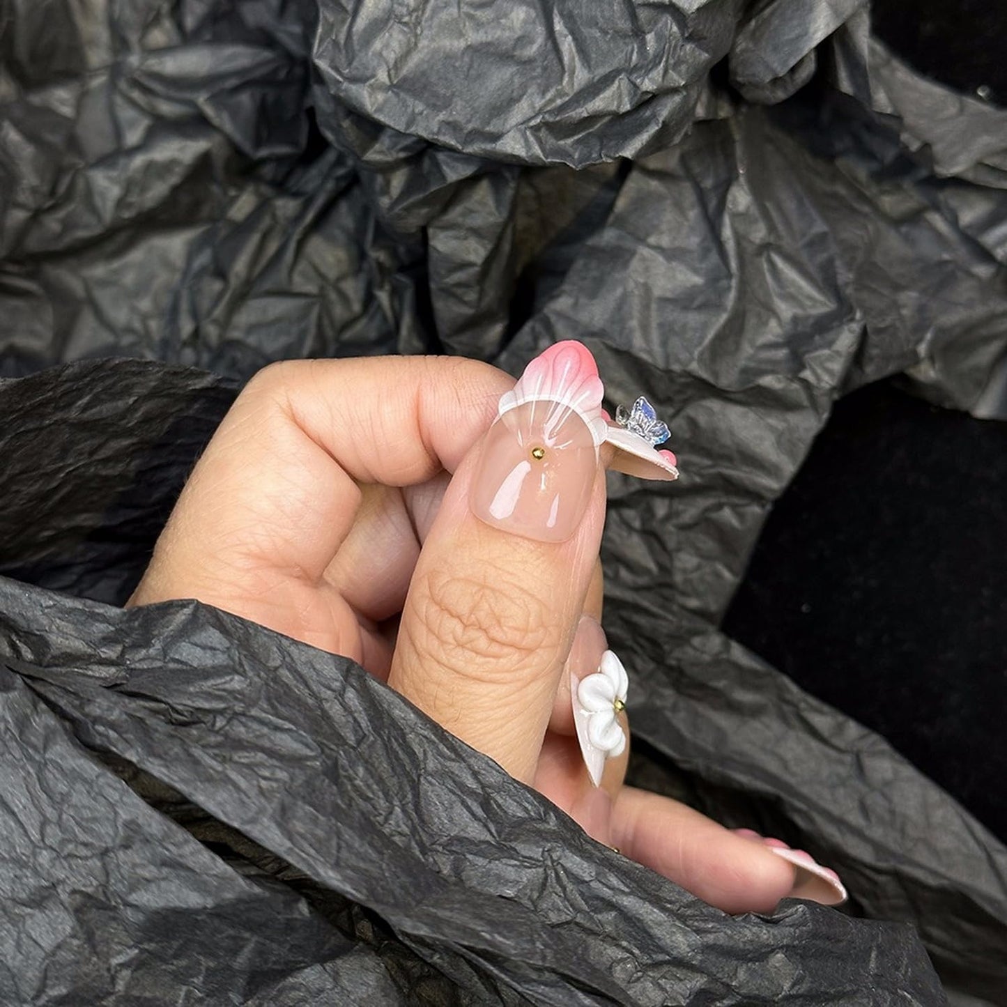 Flower Press on Nails Medium Almond Handmade Fake Nails Pink White Gradient French Tip Acrylic Nails Thick and Muti-Layer Gel False Nails 3D Floral Butterfly Design Nails DIY Art for Women (Size M)