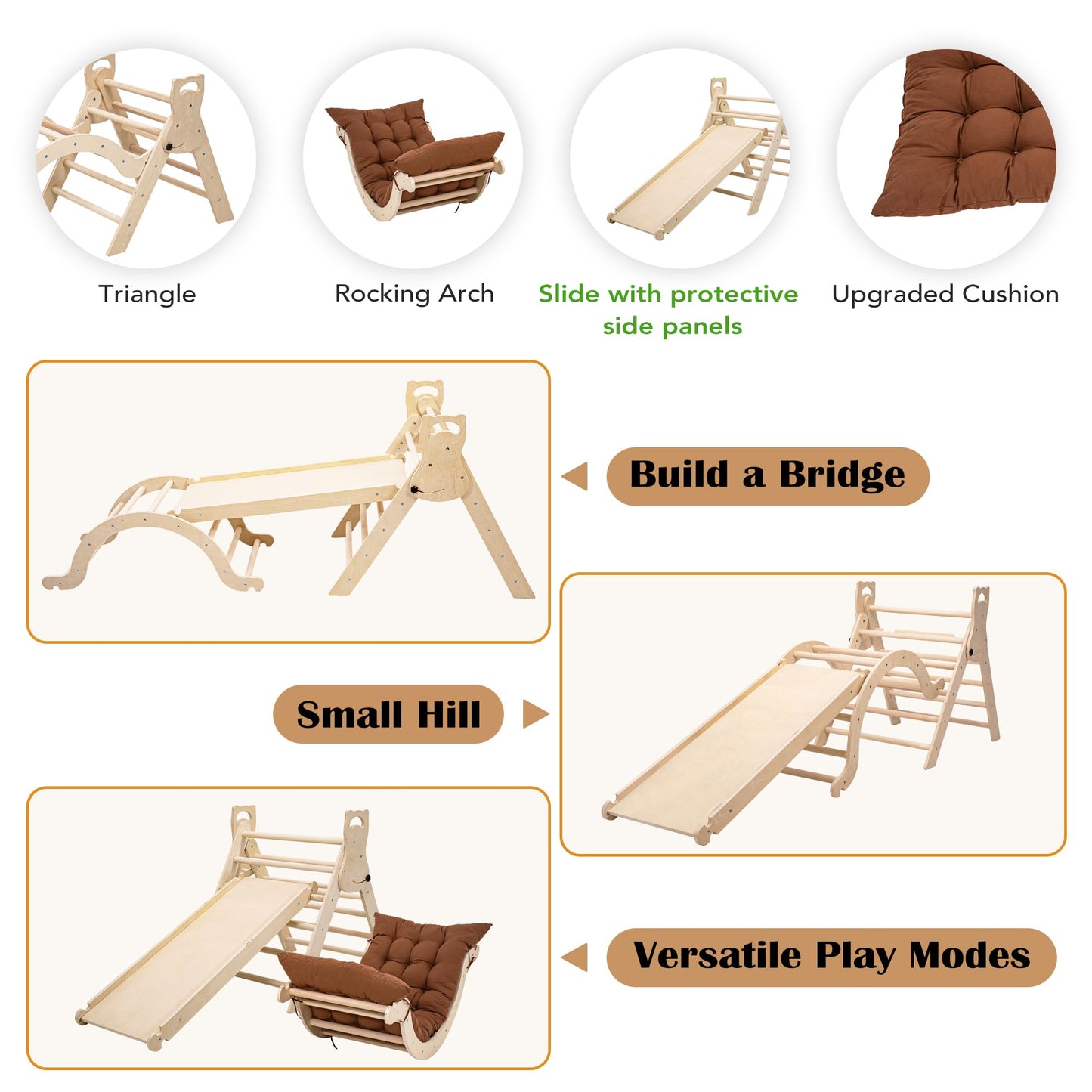 INNOPLAY Large Foldable Toddler Climbing Toys Indoor Jungle Gym, Pikler Triangle Set with Cushion, S-lide and Arch, 7-in-1 Montessori Climbing Set(1.5-6yrs)