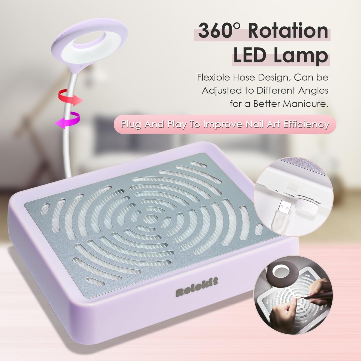 Nail Dust Collector with Lamp&50pcs Disposable Filter&Dusting Brush, Electric Nail Vacuum Cleaner Dust Fan Suction Machine for Manicure Acrylic Gel Nails Polishing, Low Noise, Salon Home