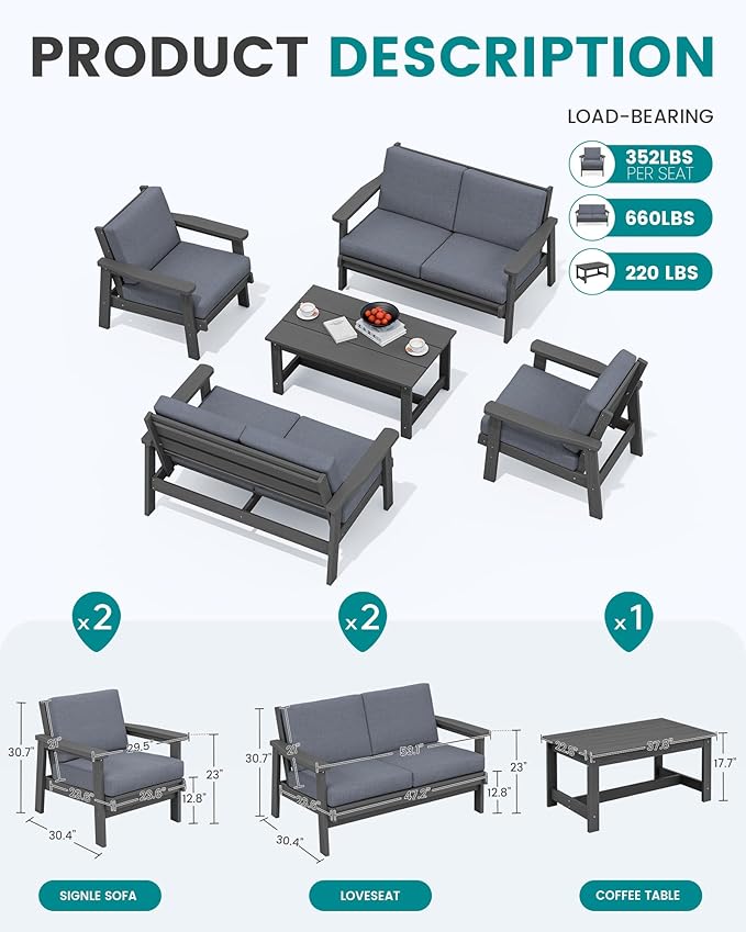 SERWALL HDPE Patio Furniture Set, 5 Piece All Weather Wood-Like Sectional Outdoor Furniture Set, Grey Patio Sofa Couch with Grey Cushions for Deck, Lawn