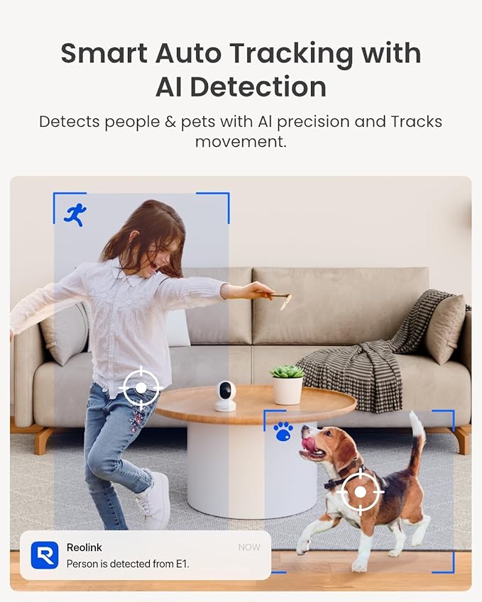 REOLINK Home Security Camera System, 4MP HD Plug-in Indoor WiFi 6 Pan Tilt Pet Camera, Baby Monitor, Night Vision, 2 Way Talk, Smart Human/Pet Detection, Local microSD Card Storage, E1(2 Pack)