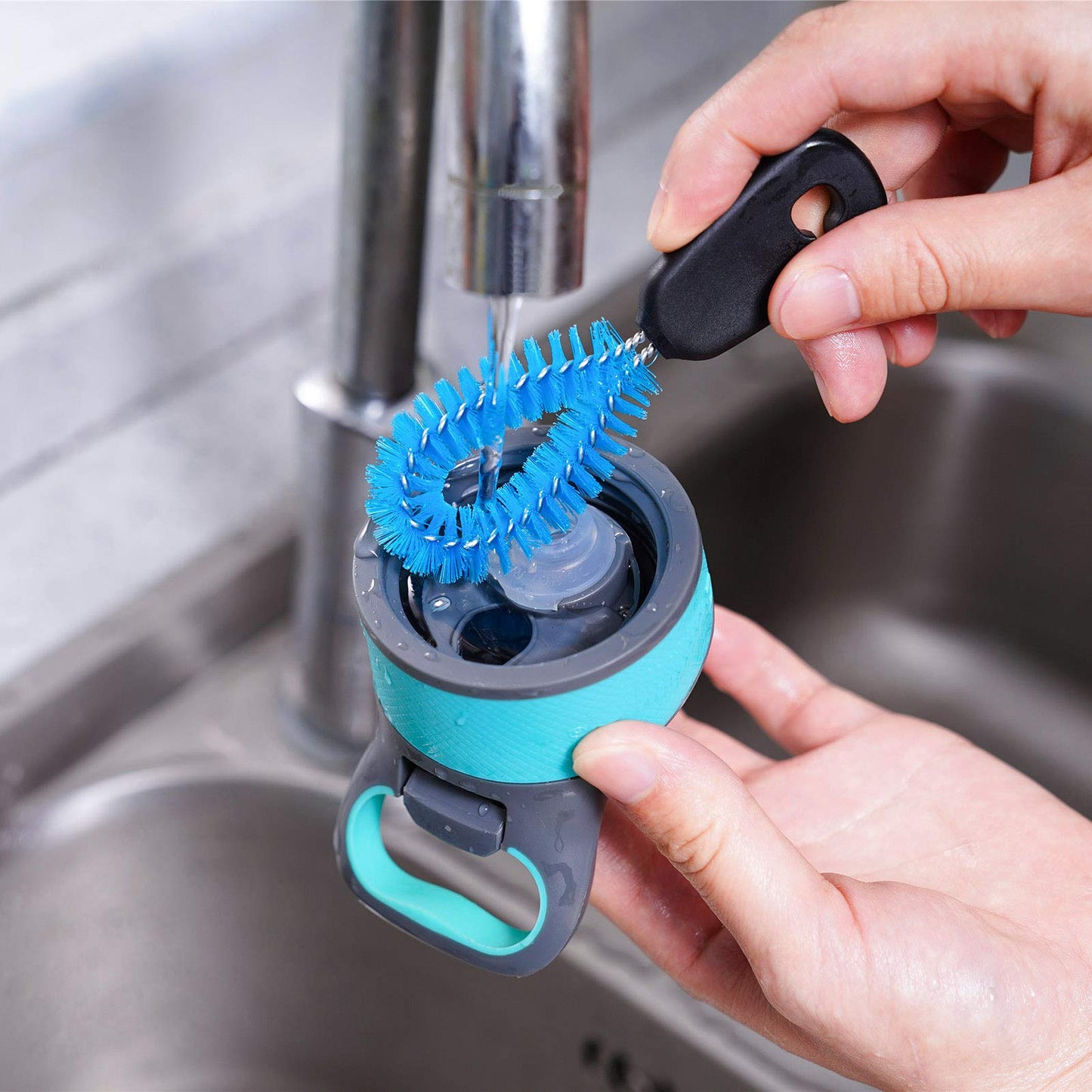 MOSOLAN 3-in-1 Stainless Steel Bottle Brush and Straw Cleaning Set, Long Handle Scrub Brush with Replaceable Head for Water Bottles, Glasswares, Mugs, Flasks, Tumblers, Vases, Round Head