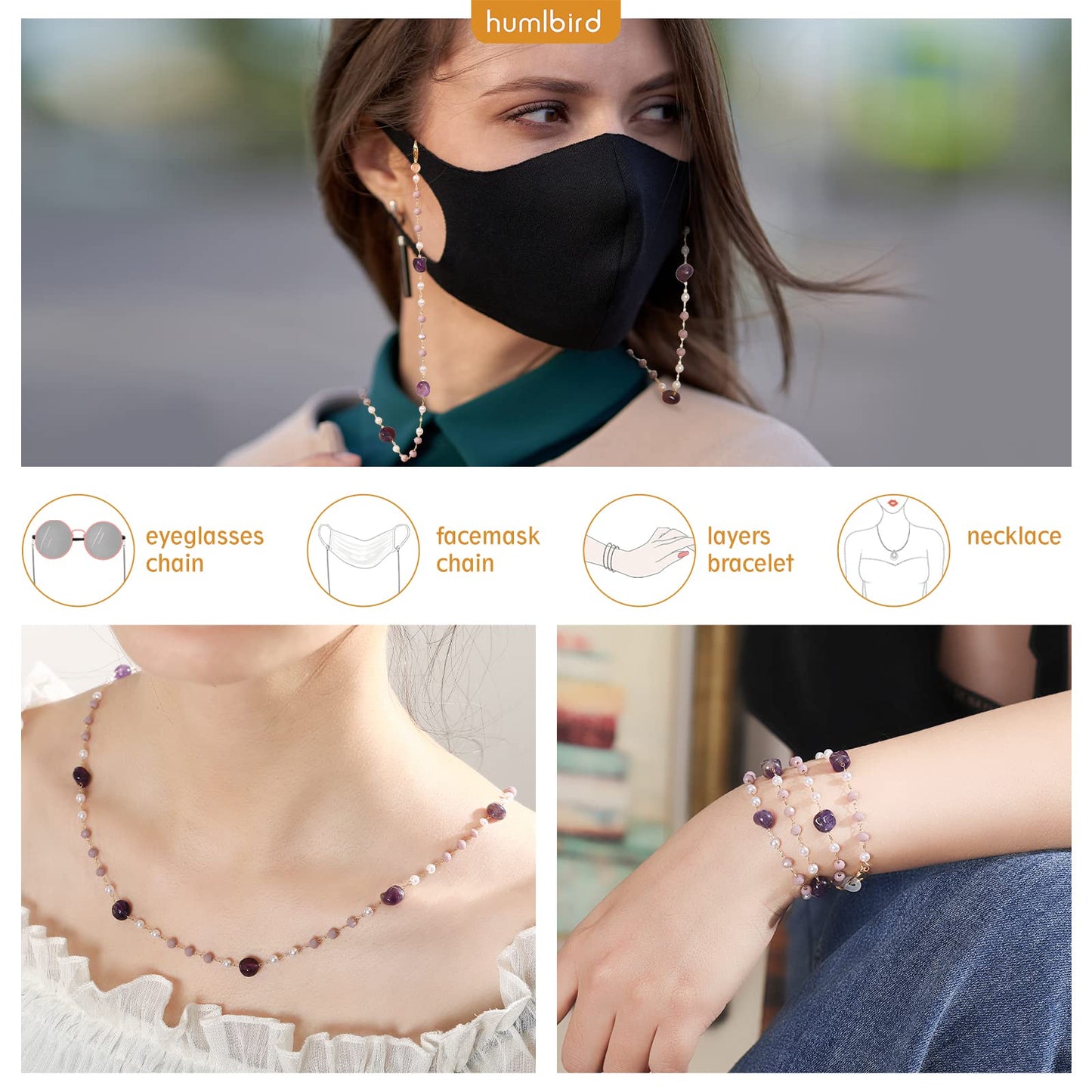 humlbird Eyeglasses Chain for Women Stylish Mask Lanyard Natural Stone Mask Chain Eye Glasses Holder Strap Around Neck