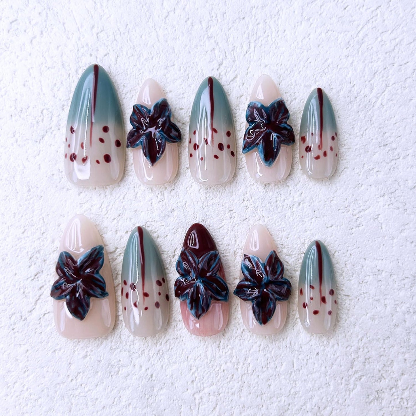 10 Pcs Handmade Almond Press on Nails Medium French Tip False Nails with Glue,3D Flower Bloodstain Gradient Glossy Designs Stick on Nails Full Cover Artificial Acrylic Glue on Nail for Women (S）