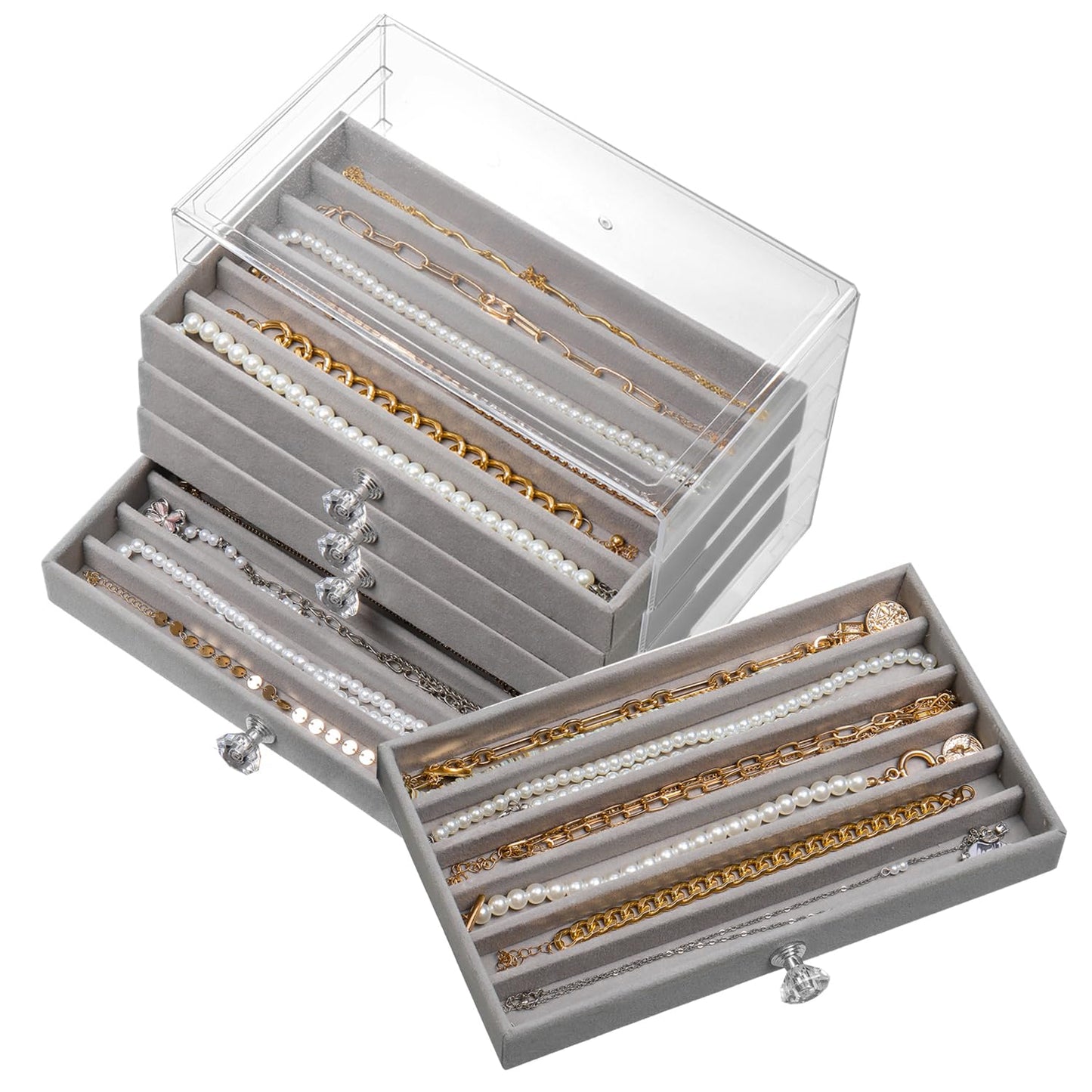 SPAKOWN Necklace Organizer Box, Velvet Necklace Box Holder Tray with Clear Lid Chains Showcase Stackable Necklace Storage for Pendant Bracelet (5 Drawers - Grey)