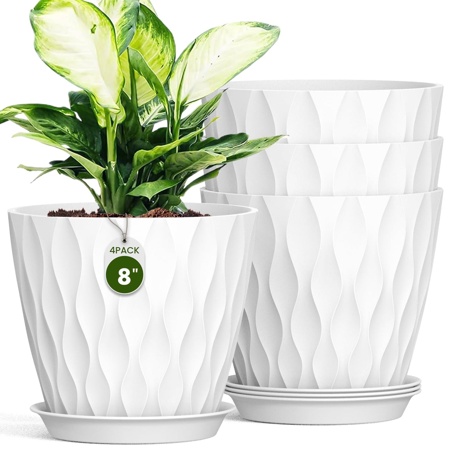 Areutxbis 8" Water Wave Plant Pots with Drainage Holes & Saucers, 4 Pack Modern Textured Medium Planters for Indoor Outdoor Plants, Decorative Flower Pots Repotting Set for Flowers, Herbs (White)