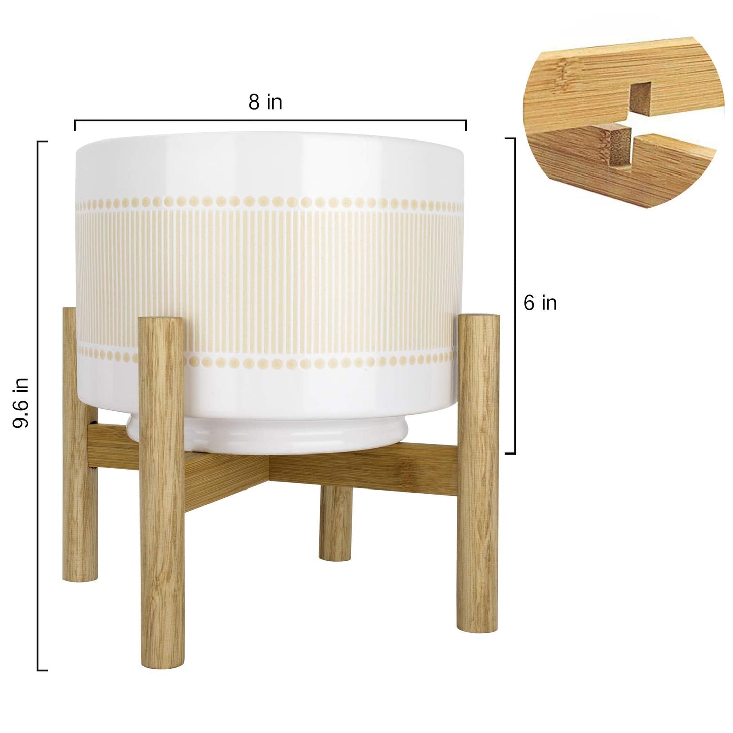LA Jolie Muse Ceramic Planter with Wood Stand - 8 Inch Boho Dot-Line Pattern Cylinder Flower Plant Pot for Indoor, Yellow Beige & Bright White
