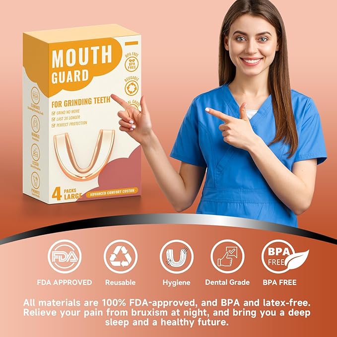 4 Pack Orange Mouth Guards for Women and Men, Large Size, Moldable Night Guards for Teeth Grinding and Clenching, Comfortable Bite Guards, Stylish Custom Dental Guards for Protection