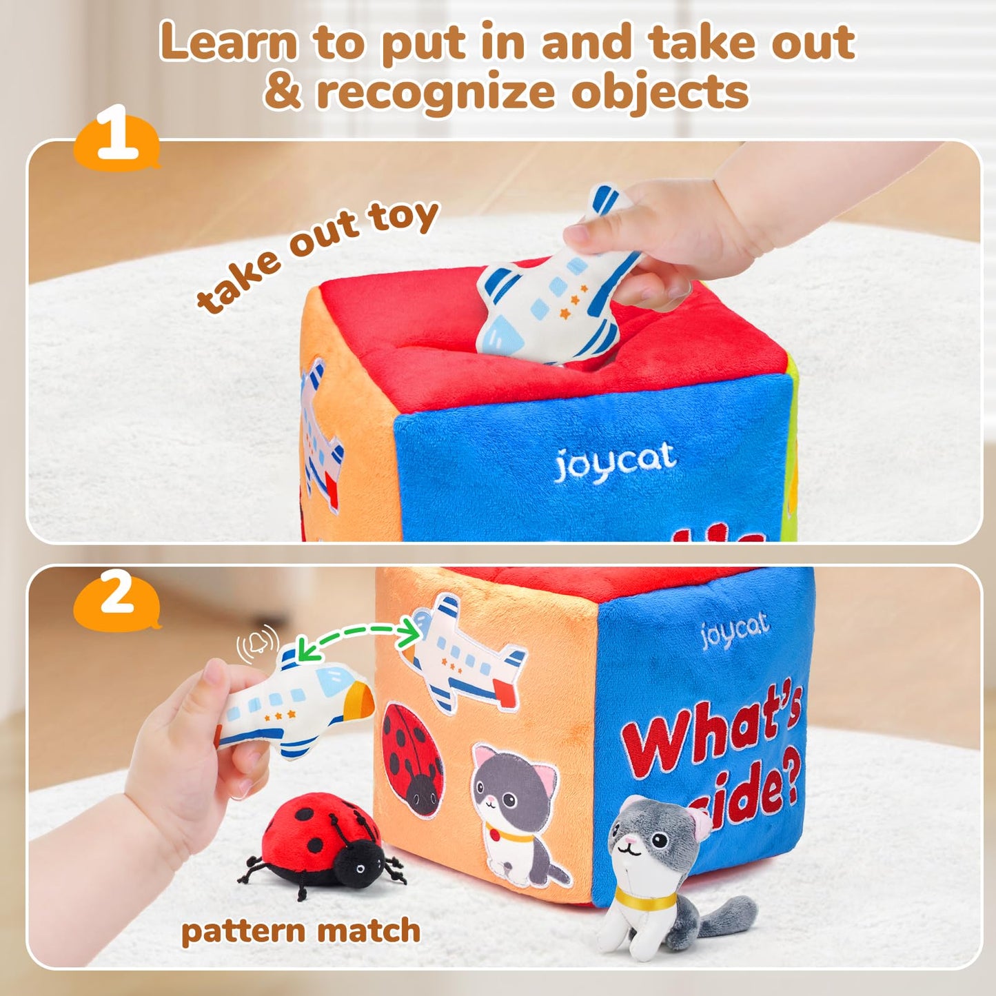 JoyCat Baby Toys 6-12 Months - Mystery Soft Box with 10 Sensory Objects, Rattle, Crinkle Paper, Mirror + Ice Cream Toys for Toddlers, Color Recognition Stacking Play Set with 7 Matching Cones & Scoops