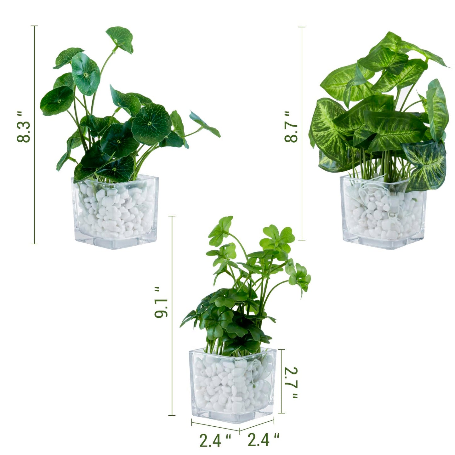 MyGift Artificial Clover and Taro Plants in Clear Glass Vase with Decorative White Stones, Set of 3